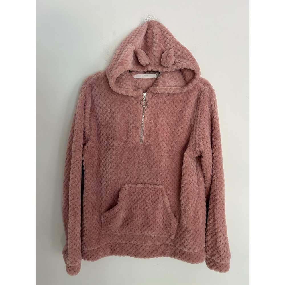 Women'secret Pink Teddy Fleece Hoodie Quarter Zip Animal Ears Sherpa Pullover L‎